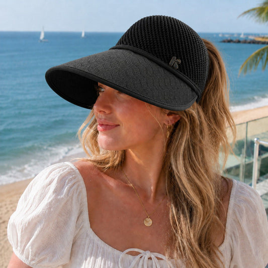 Wide Brim Woven Visor Hat with UPF 50 Plus Crown Ponytail Back and Contrast Trim