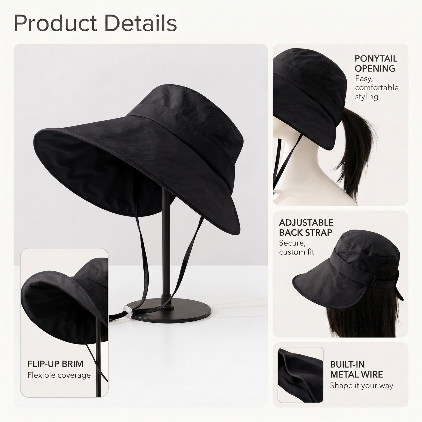 Wide Brim Bucket Sun Hat Adjustable Chin Strap UV Protection Packable Outdoor