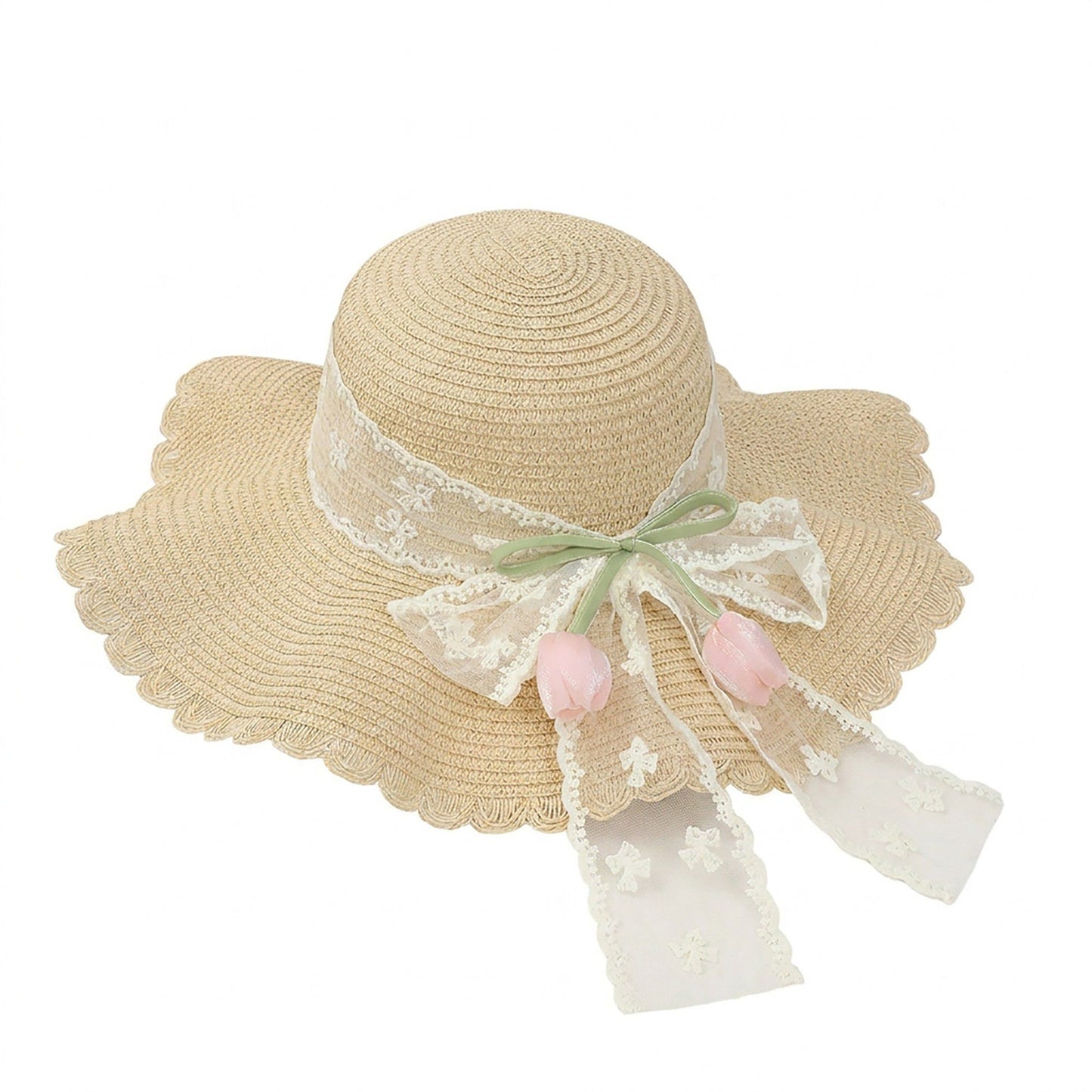 Wide Brim Straw Sun Hat with Scalloped Edge Lace Bow and Floral Accent