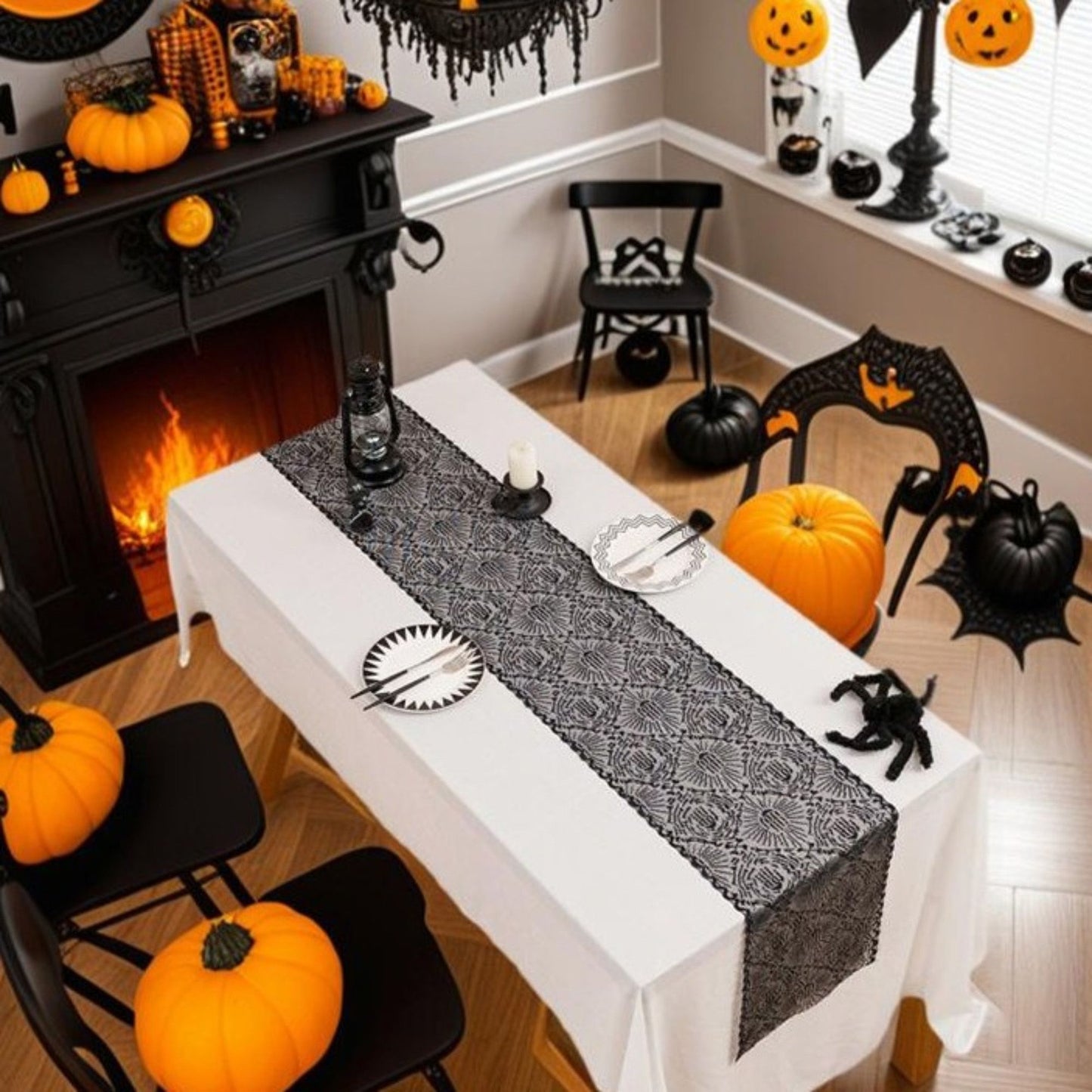 Halloween Black Lace Skull Cutout Table Runner