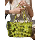Open Weave Leather Tote Bag with Braided Shoulder Straps and Interior Zip Compartment