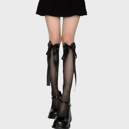 Sheer Knee-High Socks with Oversized Ribbon Bow Accents and Soft Stretch Fit for Stylish Feminine Legwear Layering