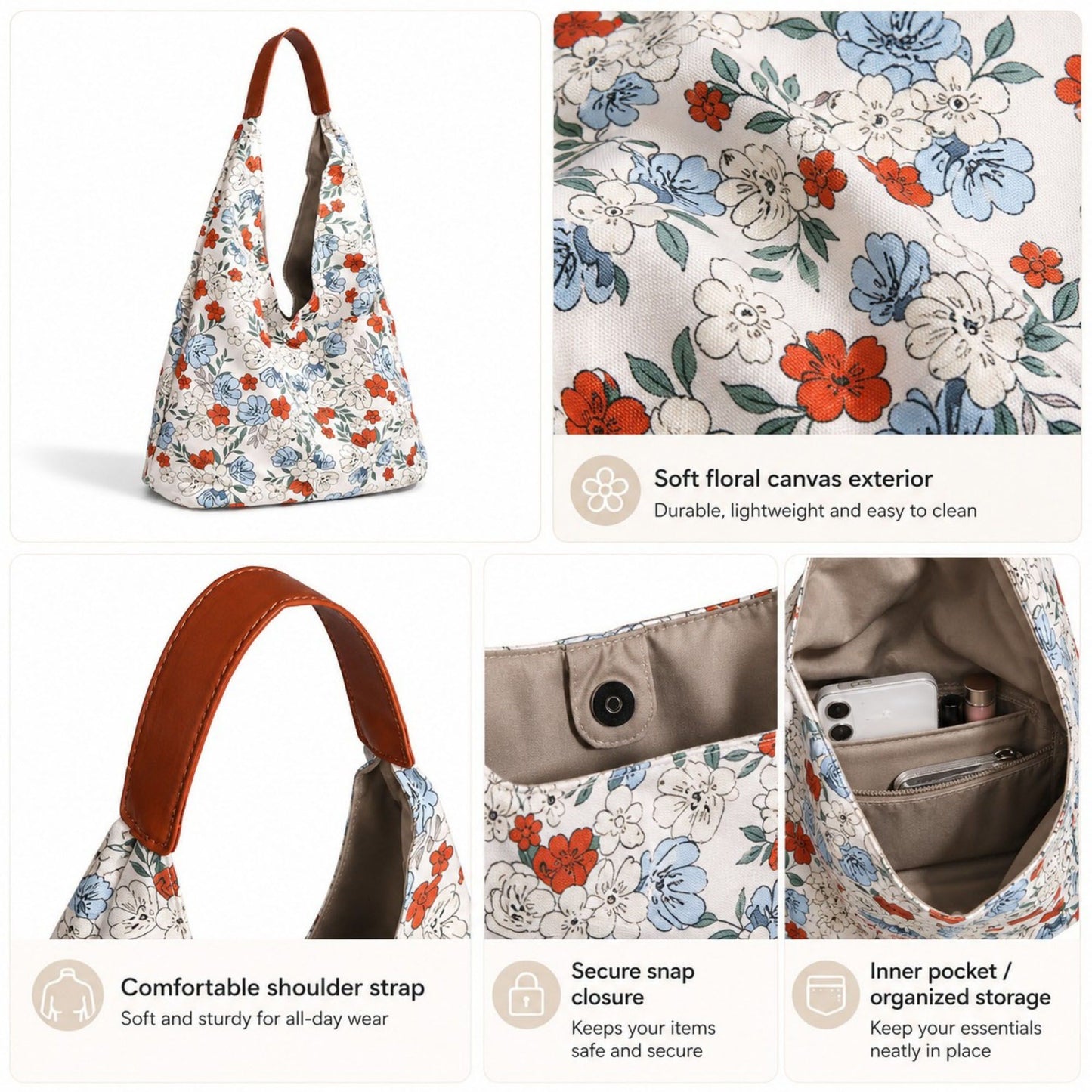 Floral Hobo Shoulder Bag with Soft Slouchy Shape and Wide Strap