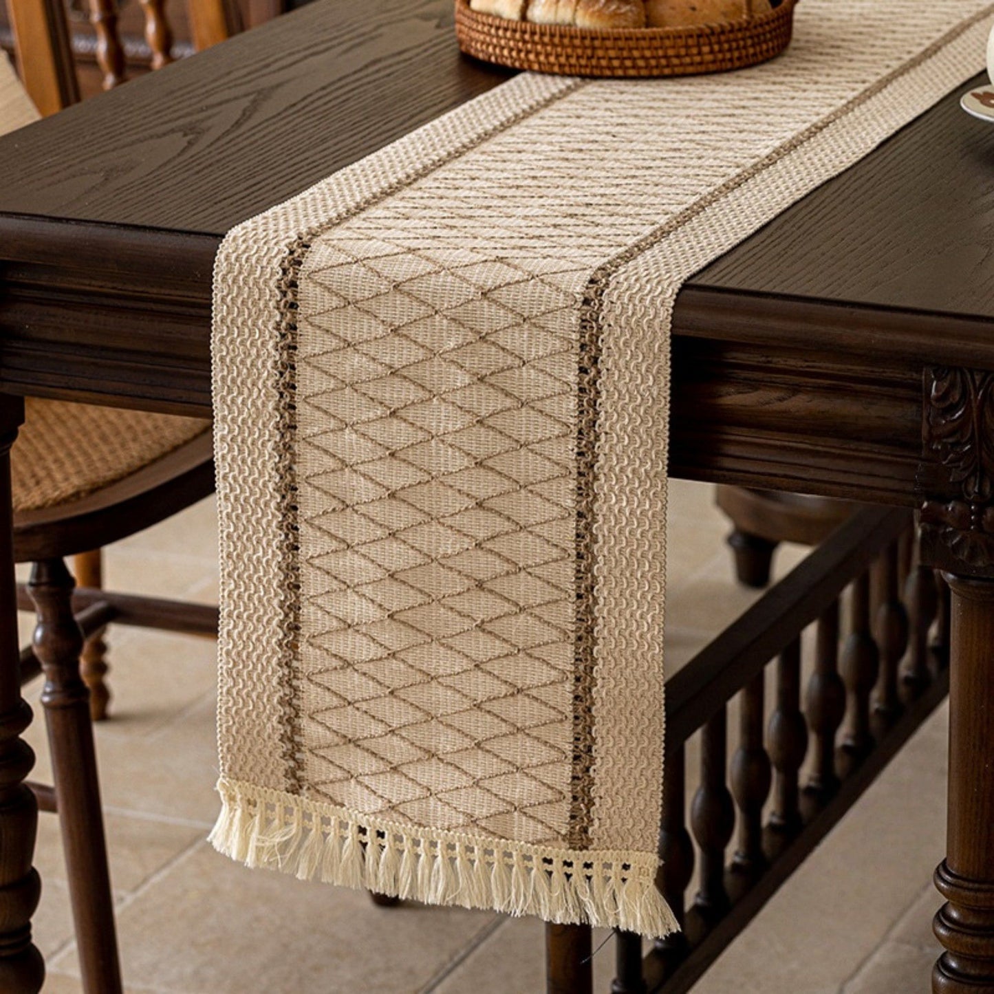 Textured Woven Table Runner with Fringe Trim and Neutral Stripe Pattern 47x11.8 in