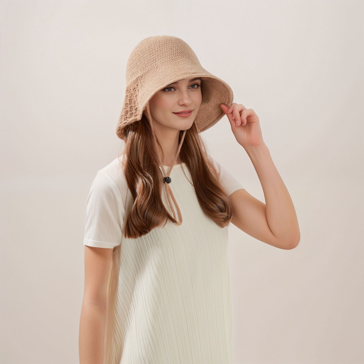 Crochet Bucket Hat with Adjustable Chin Strap and Back Button Eyelet Panel for Sun Protection