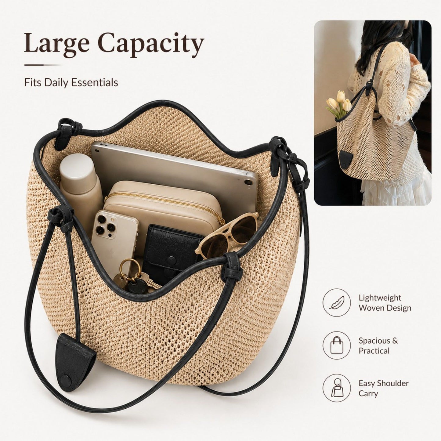 Woven Straw Style Tote Bag Large Capacity Shoulder Bag with Faux Leather Trim