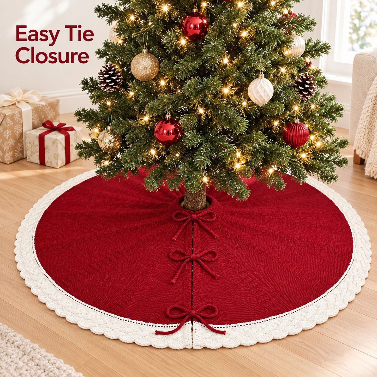 Cable Knit Trim Christmas Tree Skirt with Tie Closure