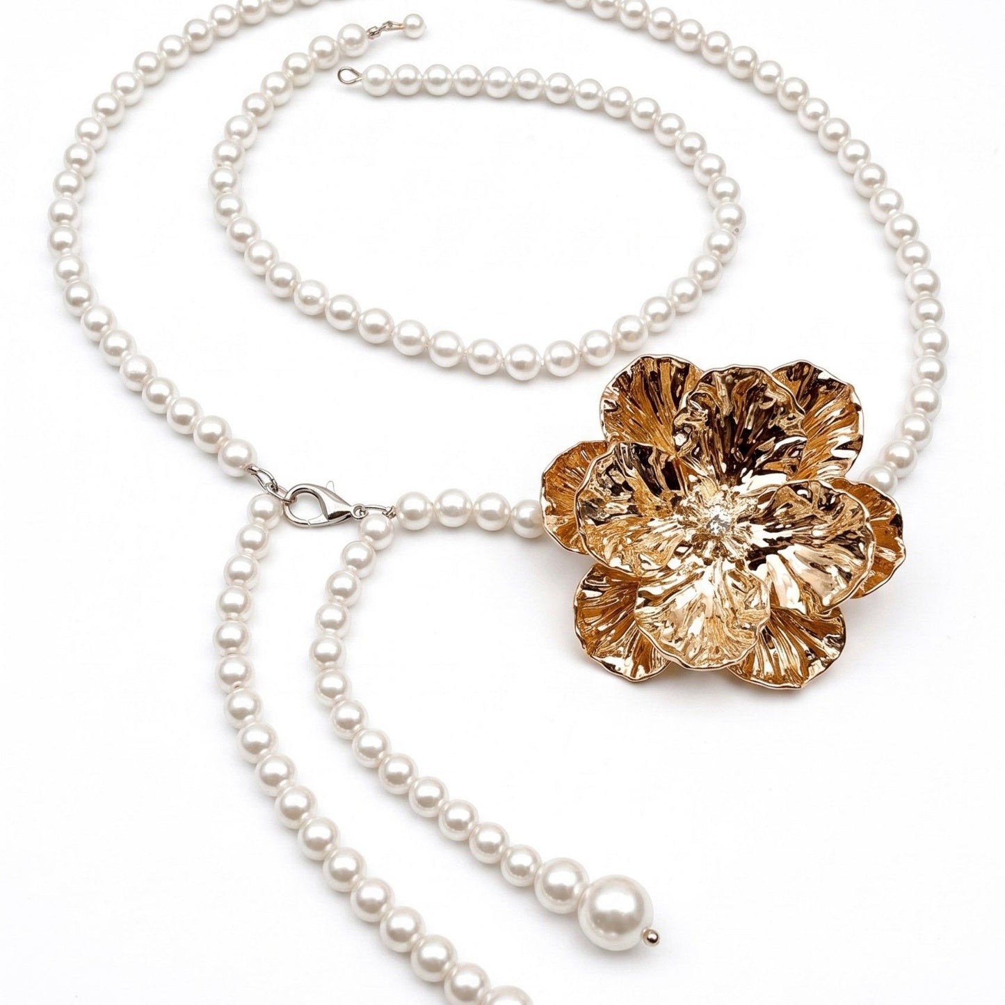 Single Textured Floral Plastic Pearl Waist Chain Adjustable Vintage Statement Waist Jewelry 43.3in