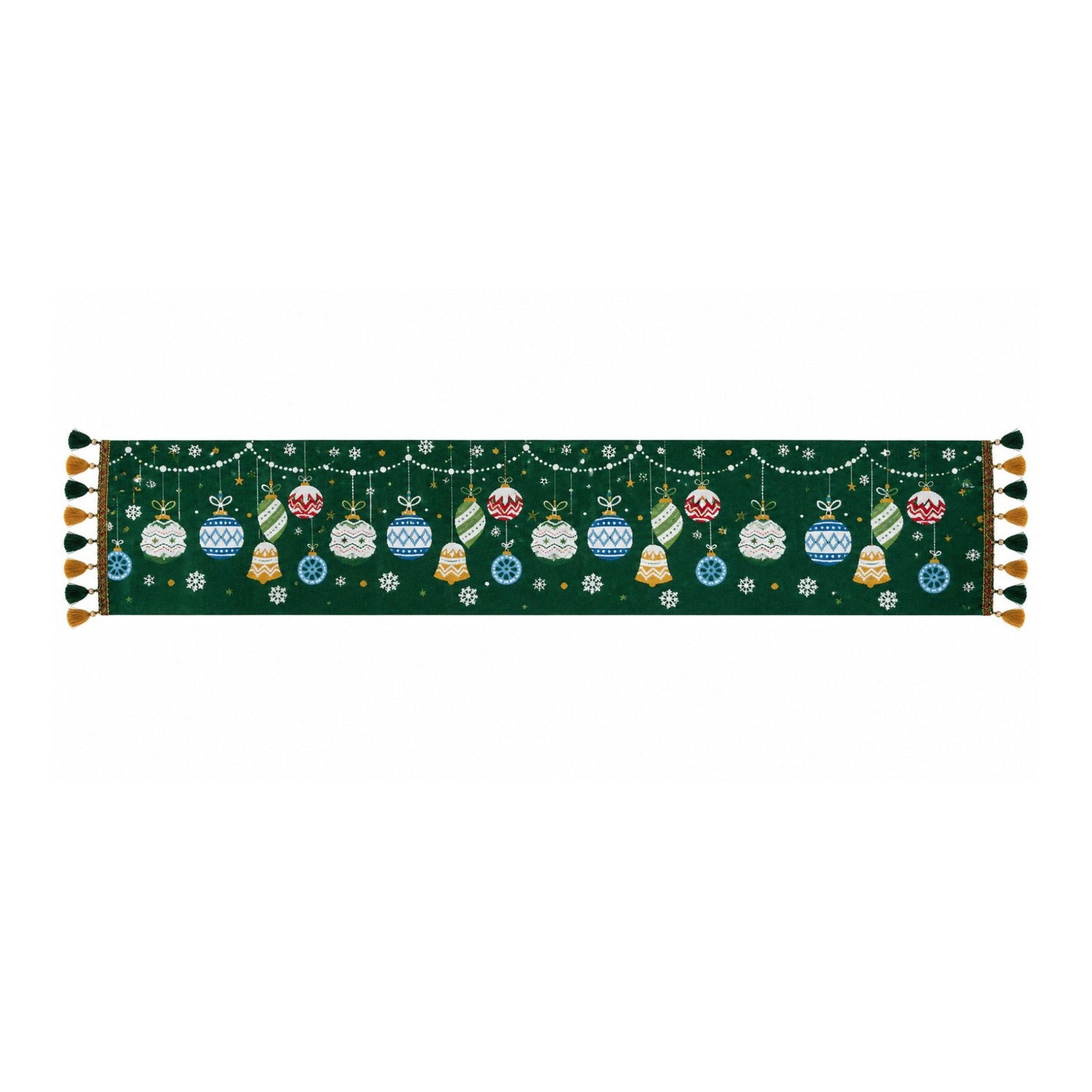 Christmas Ornament Chenille Jacquard Table Runner with Tassels for Holiday Dining Decor