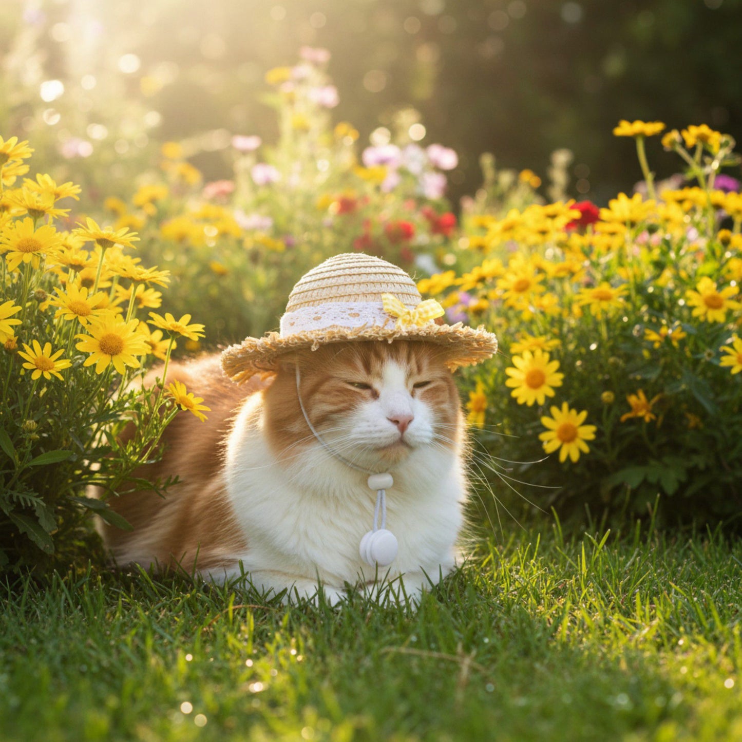 Pet Straw Sun Hat with Lace Trim Bow Adjustable Chin Strap Summer Costume Hat for Cats and Small Dogs