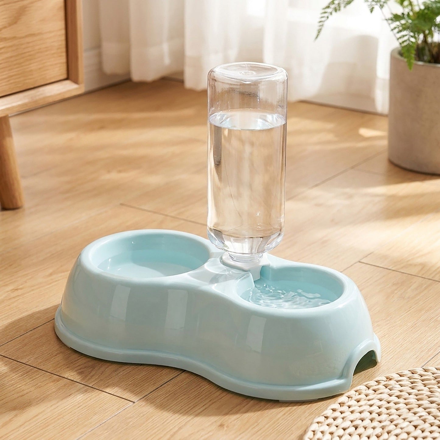 Plastic Double Pet Bowl with Gravity Water Bottle Feeder