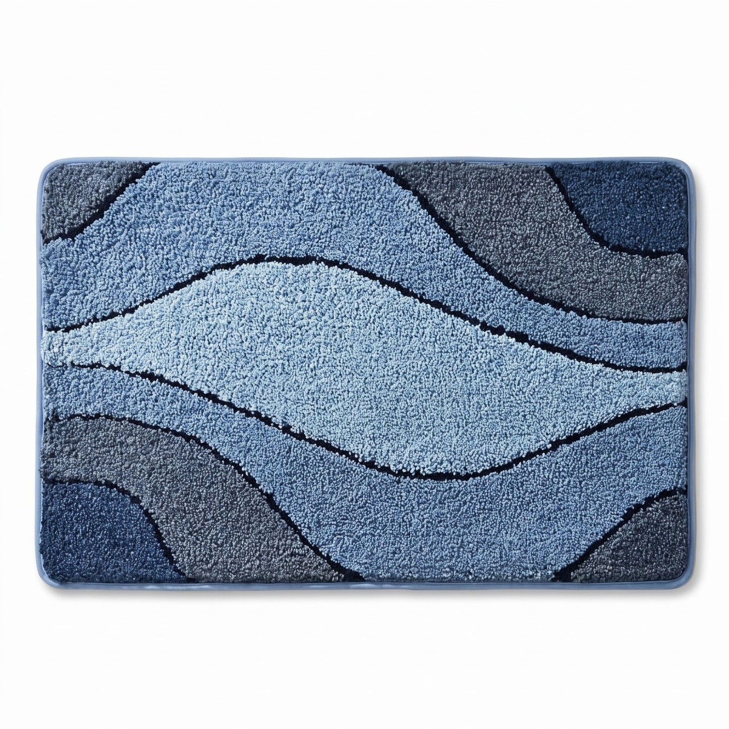 Abstract Blue Wave Plush Bathroom Mat with Layered Curved Line Design