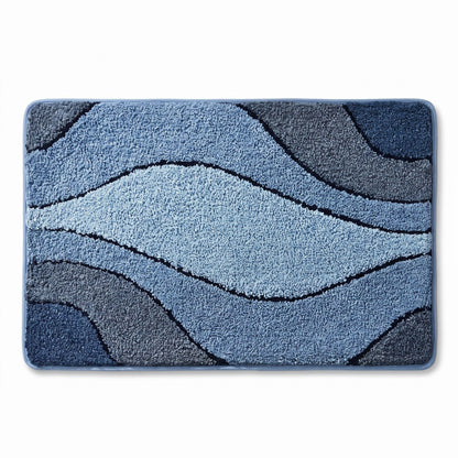 Abstract Blue Wave Plush Bathroom Mat with Layered Curved Line Design