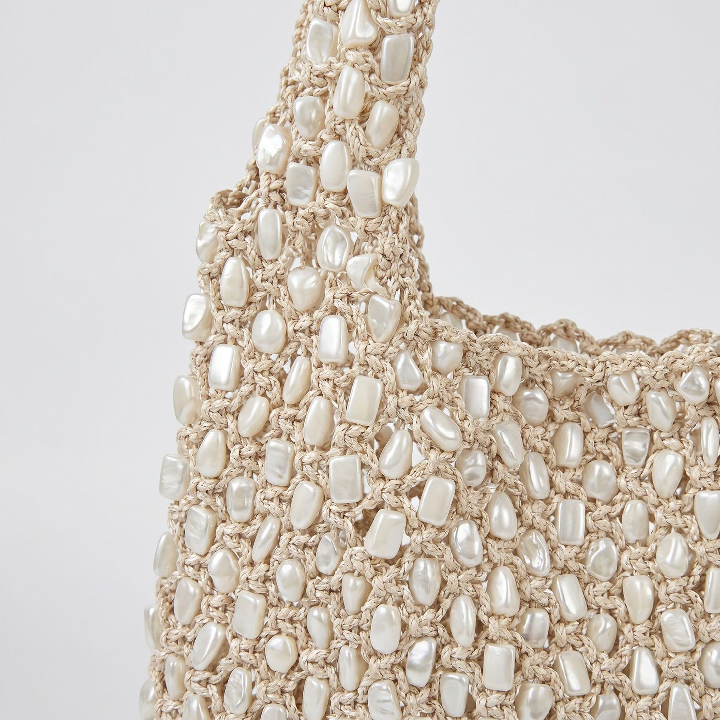 Beaded Shoulder Bag with Macrame Open Weave Double Strap Design