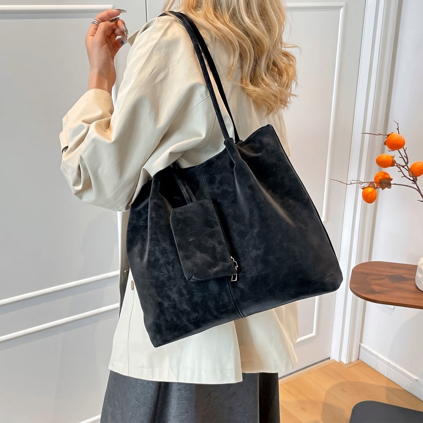 Soft PU Leather Tote Bag with Removable Pouch and Shoulder Handles