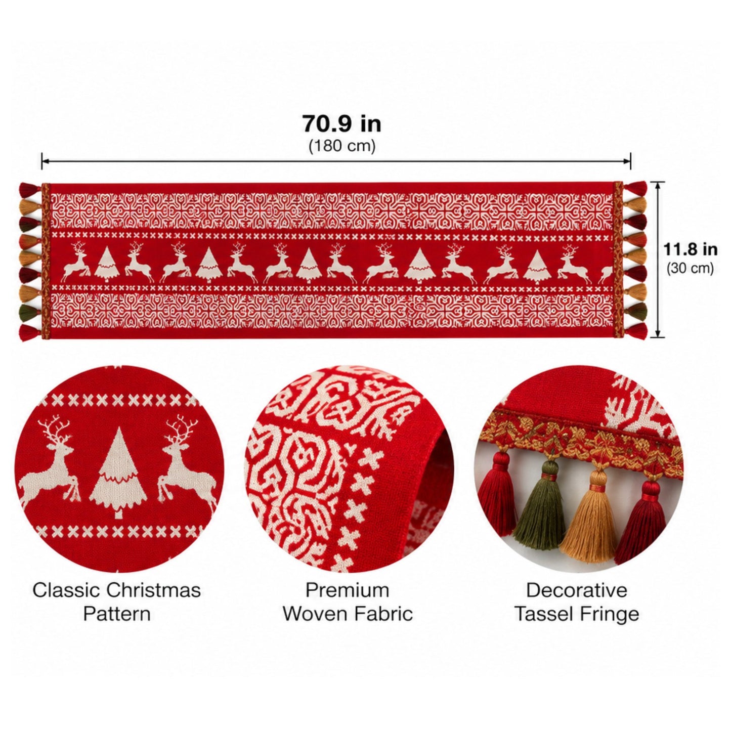 Christmas Patchwork Table Runner with Tassels for Holiday Dining Table Decor