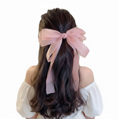 Oversized Satin Bow Hair Clip with Long Ribbon Tails and Glossy Finish