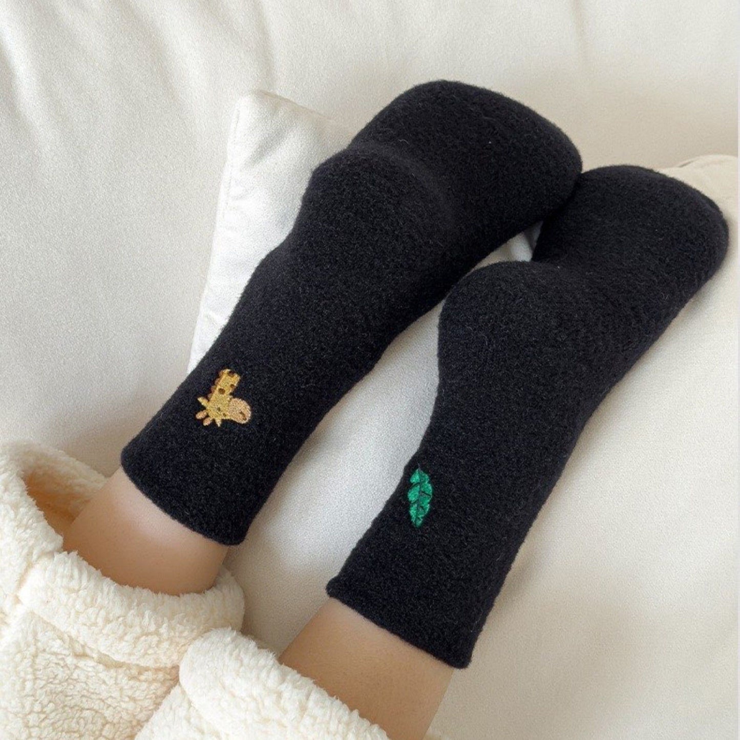 3-Pair Fuzzy Crew Sock Set with Cute Embroidery US 5¨C10