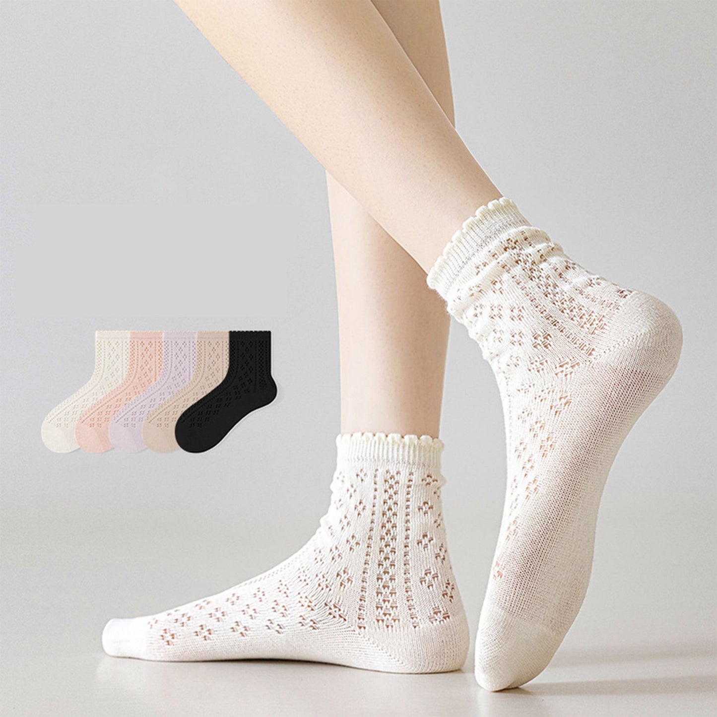 4 Pairs Women's Lace Knit Crew Socks Lightweight Breathable Mesh Style with Elastic Cuff in Assorted Patterns