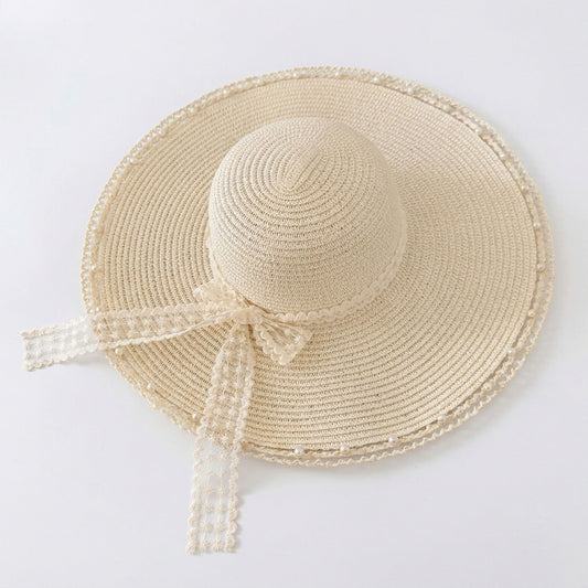 Wide Brim Sun Hat with Lace Bow and Pearl Trim