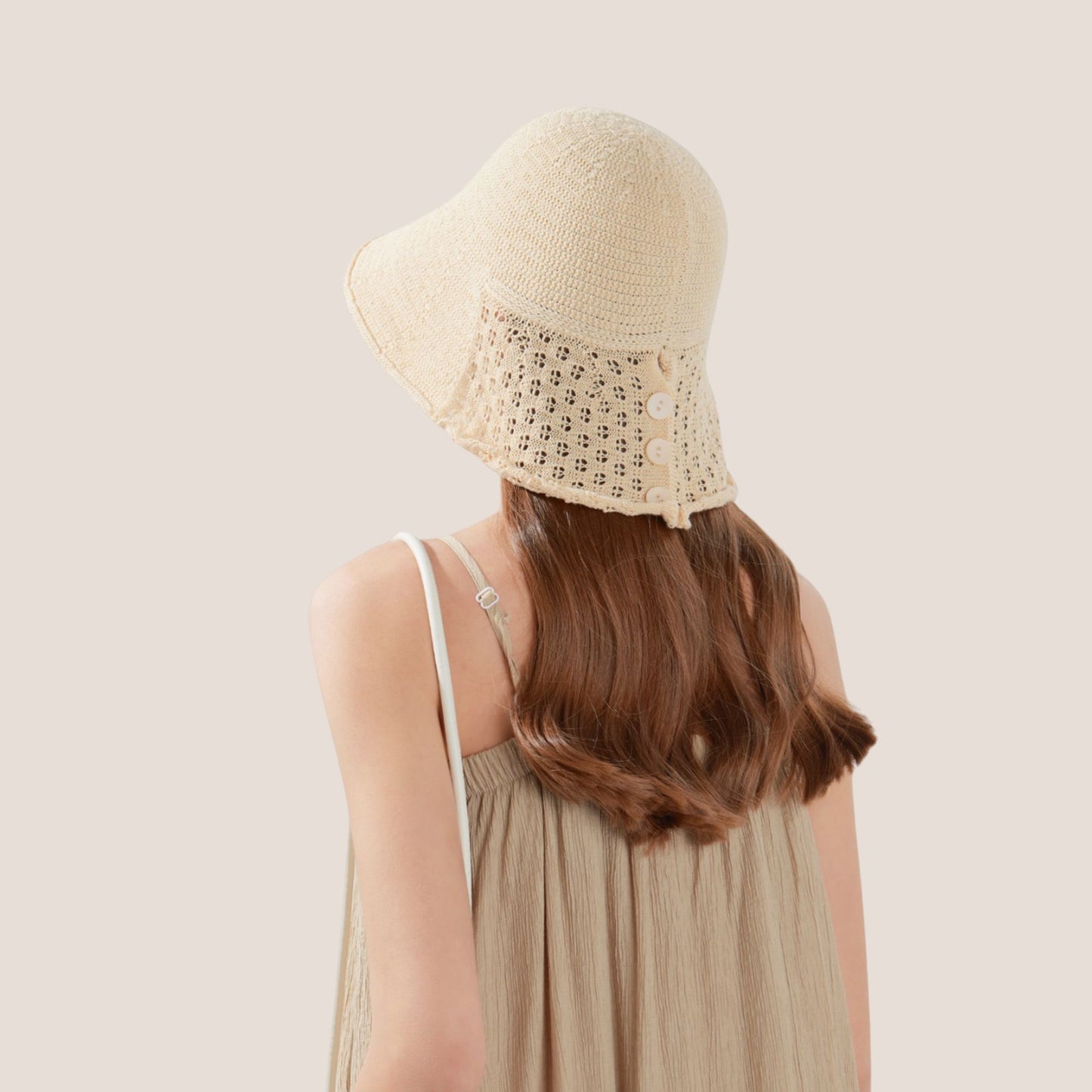 Crochet Bucket Hat with Adjustable Chin Strap and Back Button Eyelet Panel for Sun Protection