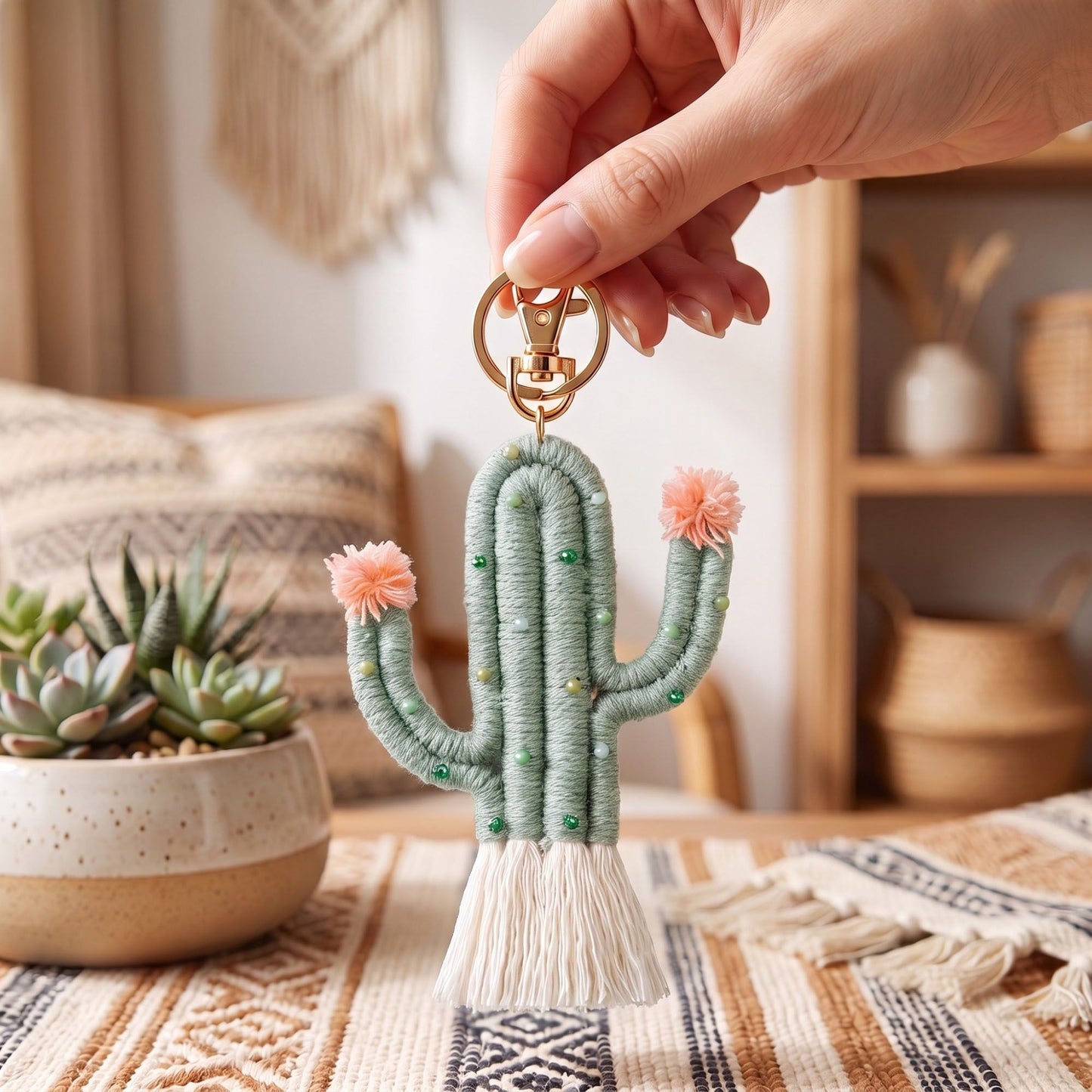 Cactus Macrame Keychain with Tassel Bag Charm