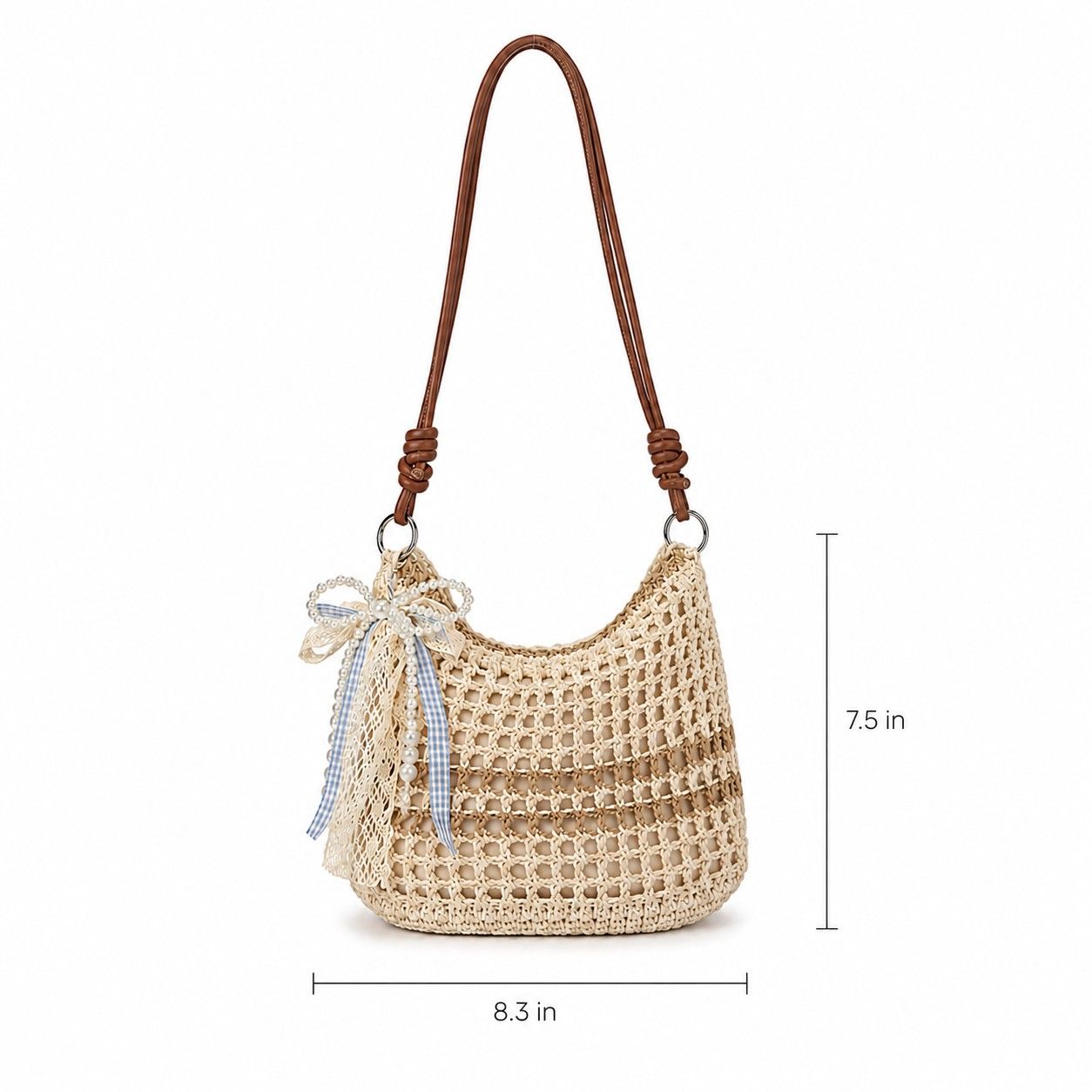 Decorative Woven Crossbody Bag with Pearl Charm, Scarf Accent and Zip Closure