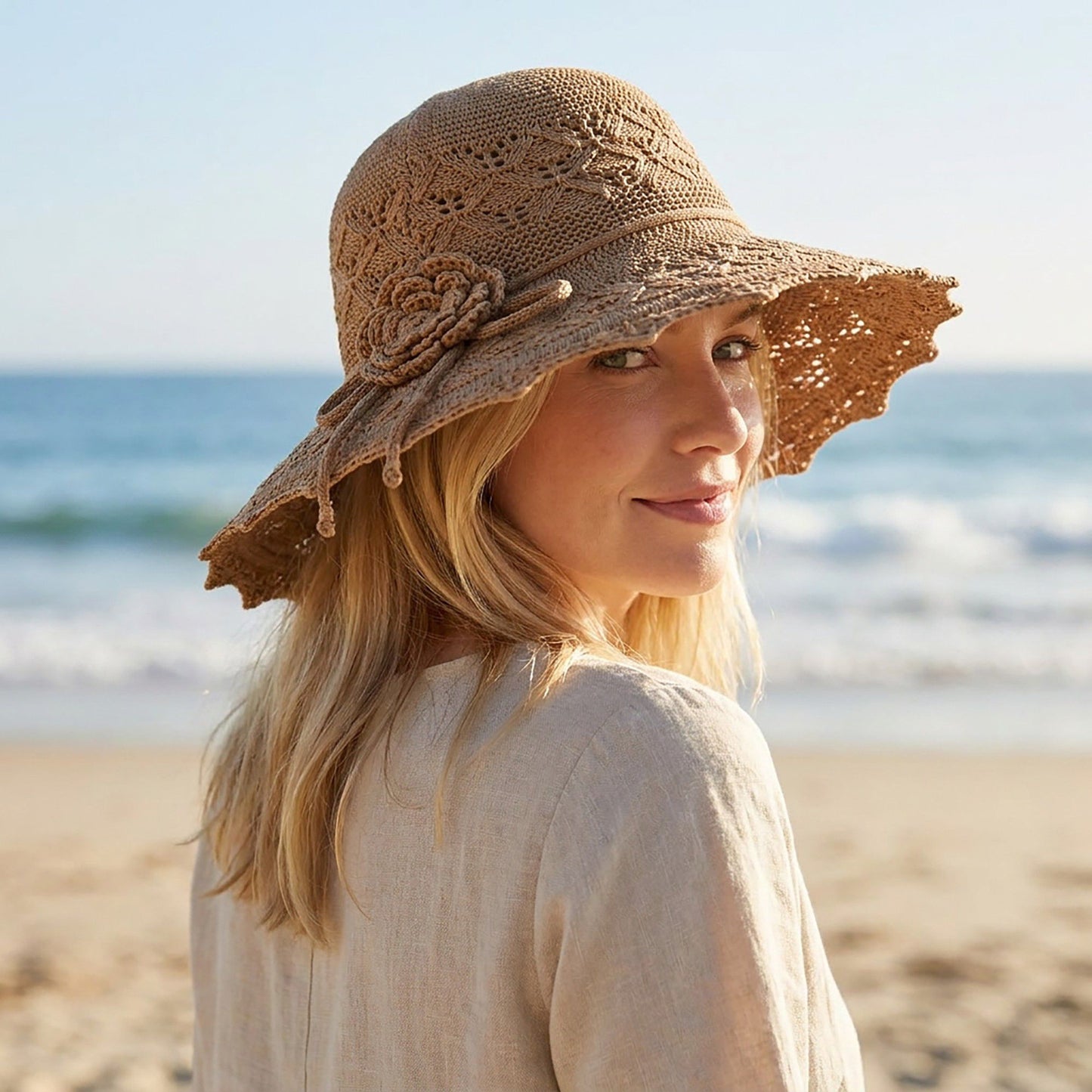 Crochet Wide Brim Sun Hat with Scalloped Edge Floral Accent and Chin Strap