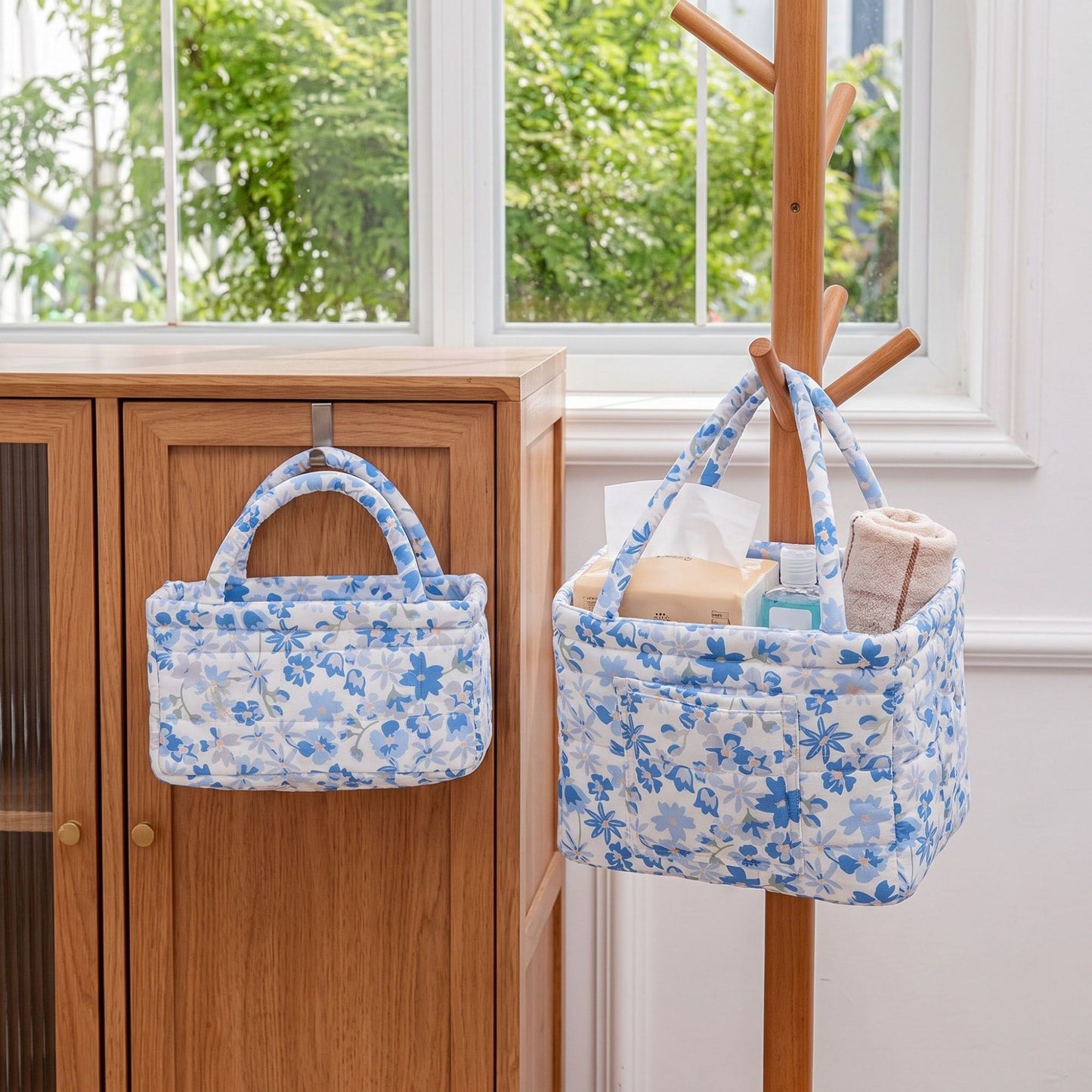 2 Piece Quilted Floral Storage Tote Set with Handles and Front Pocket