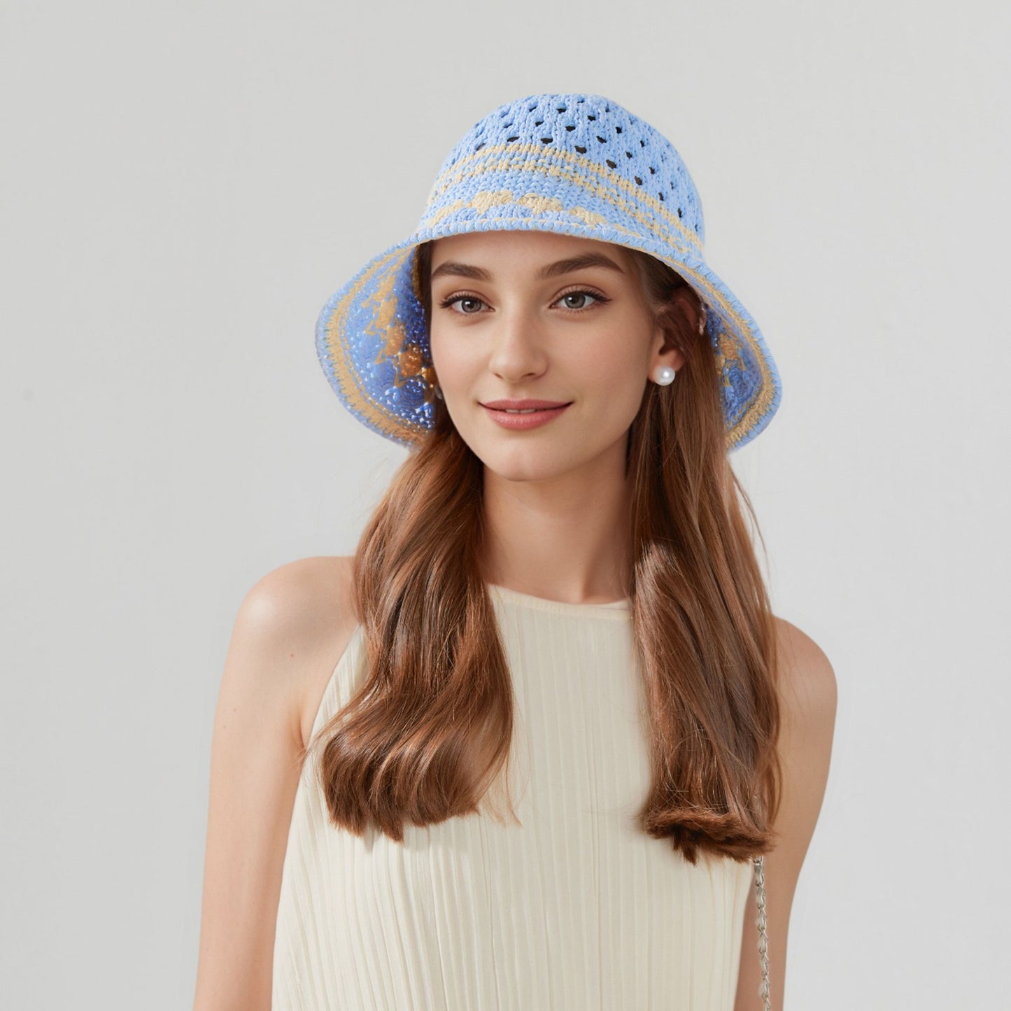 Crochet Knit Bucket Hat with Openwork Floral Pattern and Rolled Brim for Lightweight Summer Style