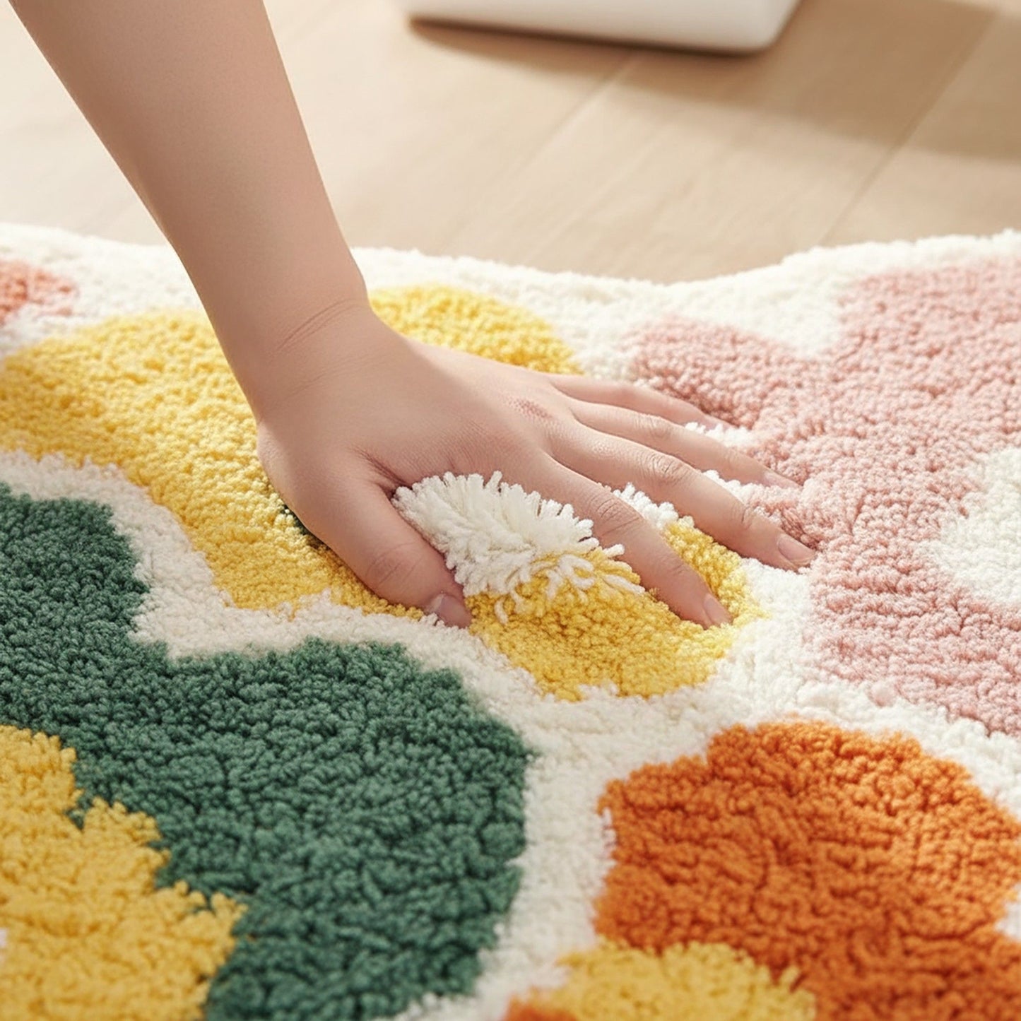 Tufted Floor Mat with Floral Daisy Pattern Non Slip Backing Soft Plush Decorative Scalloped Edge Rug