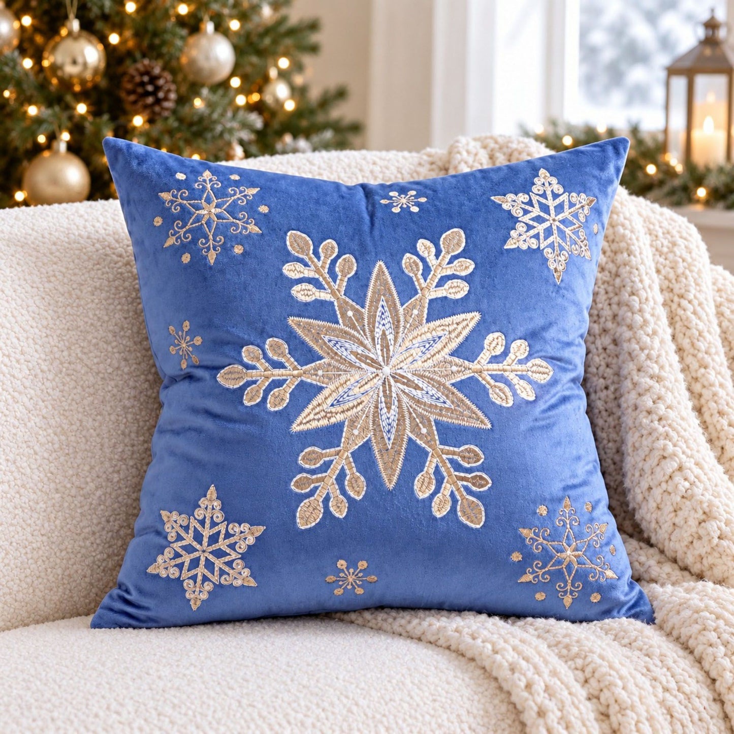 Snowflake Embroidered Decorative Throw Pillow Cover (Single Piece)