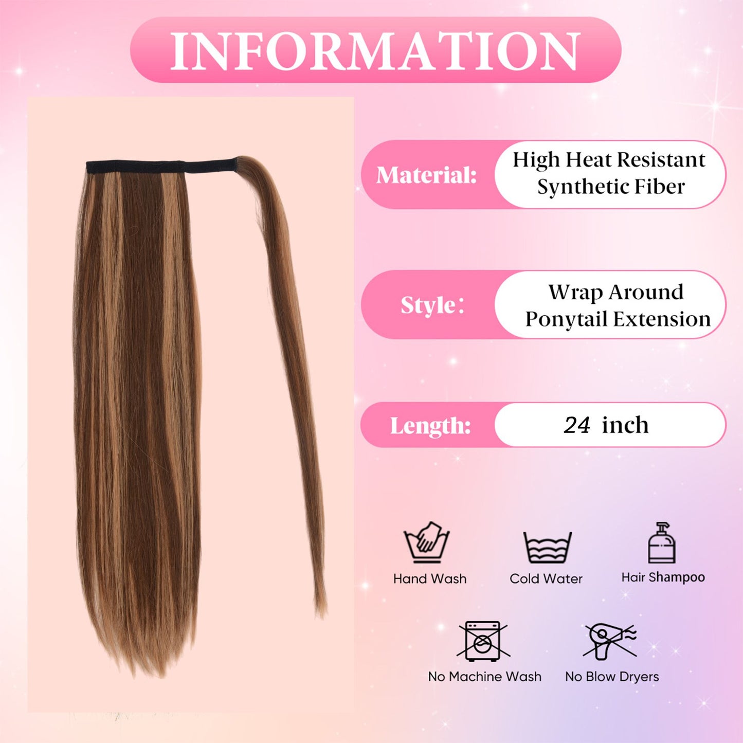 Straight Ponytail Extension - 24 Inch Long Straight Wrap Around Ponytail for Women Clip Ponytail Hair Extensions Synthetic