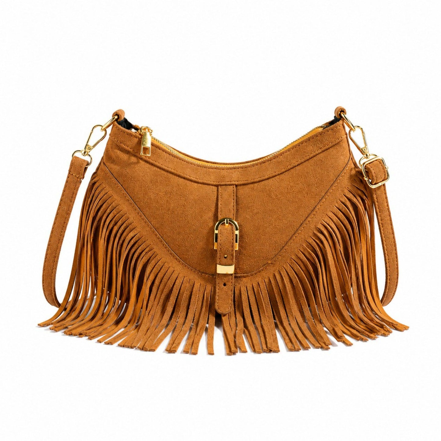 Studded Fringe Crossbody Bag Suede Look Crescent Shoulder Purse with Adjustable Strap