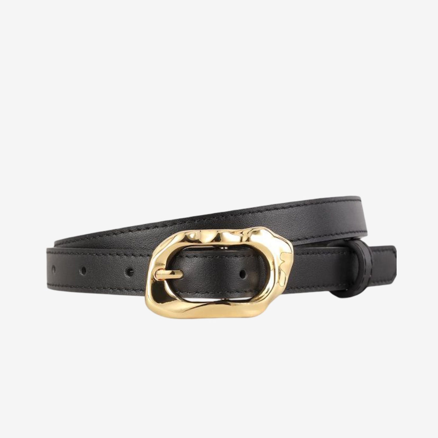 Genuine Leather Skinny Belt with Irregular Gold Tone Buckle 39.4in