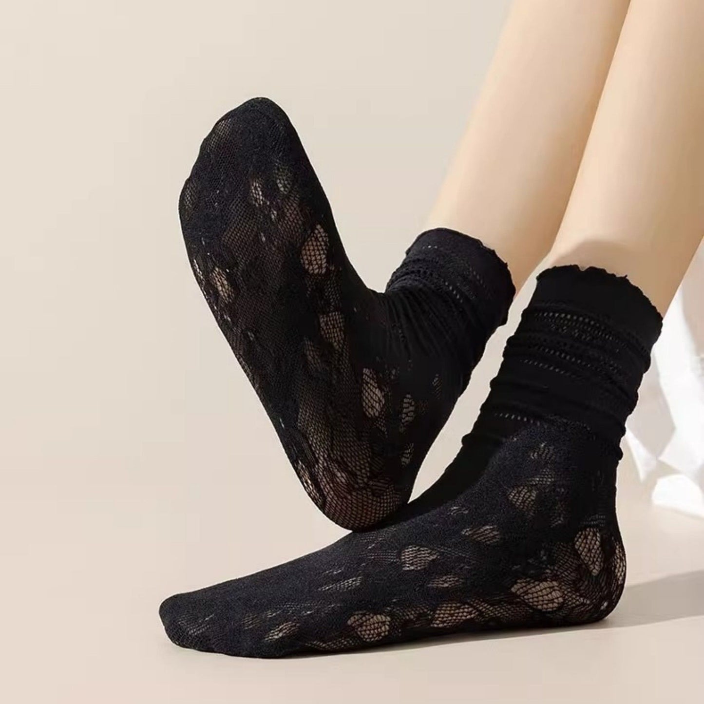 Lace Liner Socks with Elastic Cuff and Floral Mesh Detail Soft Stretch 2-Pack