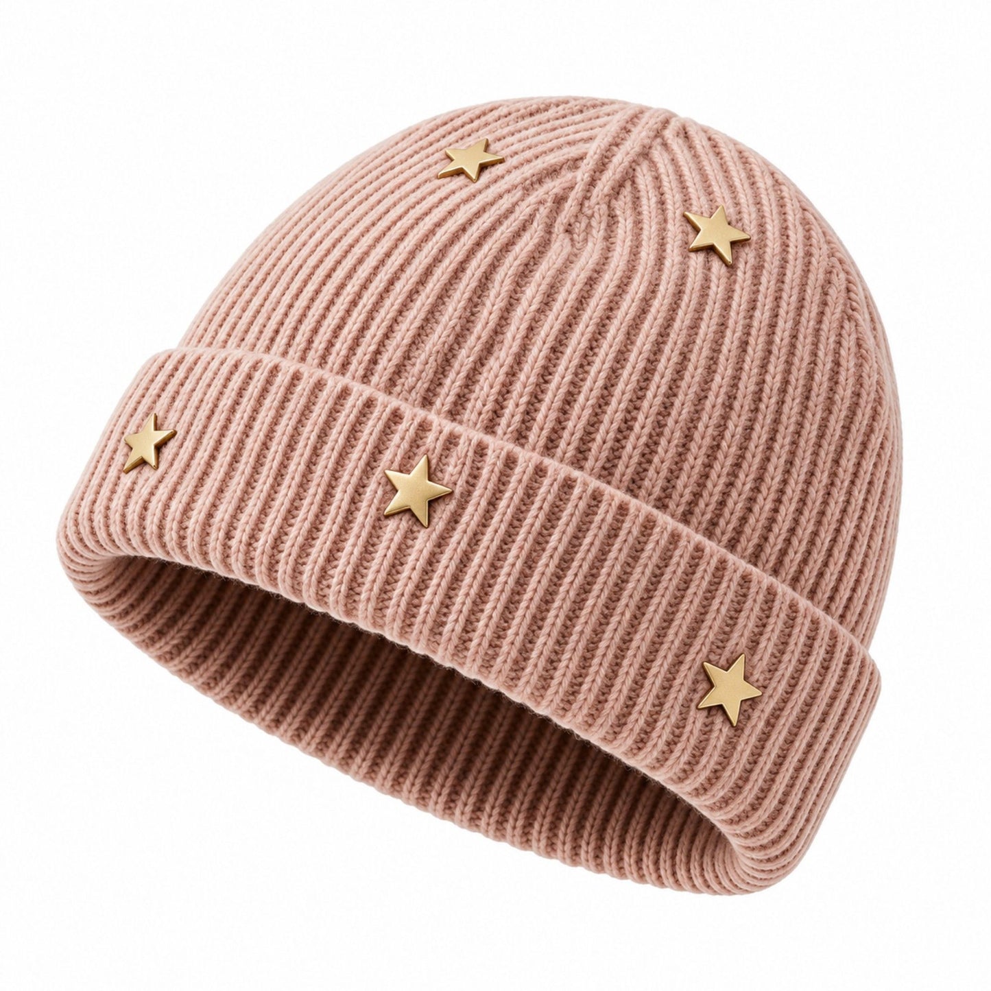Star Stud Ribbed Knit Beanie Cuffed Winter Hat