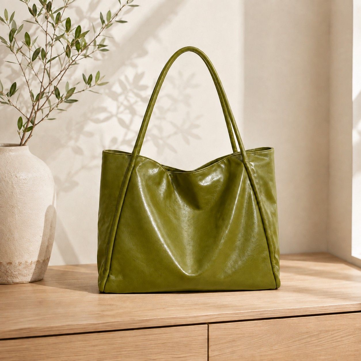 Large Faux Leather Tote Bag with Double Shoulder Straps and Magnetic Closure