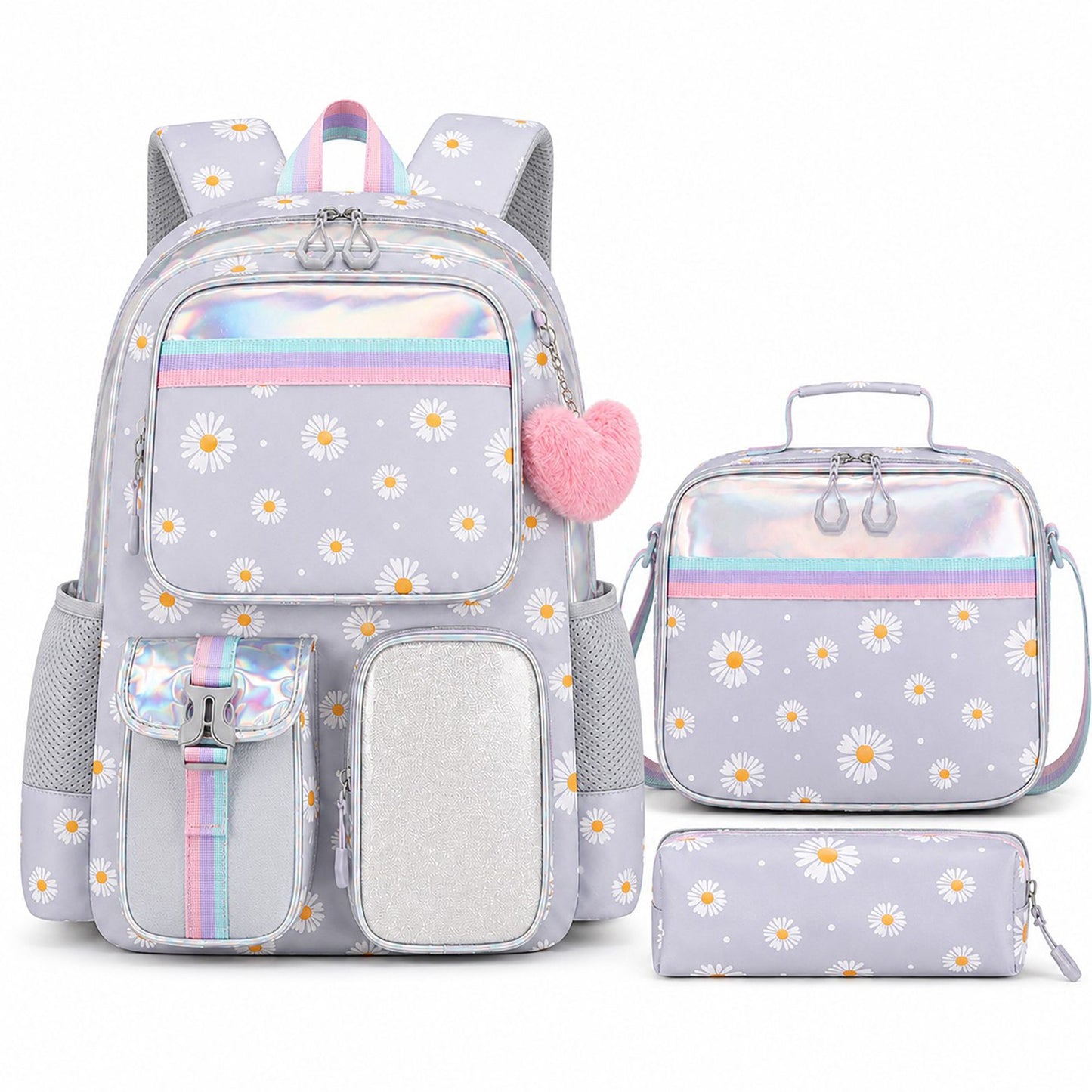 3pc Daisy Print School Backpack Lunch Bag Pencil Case Set