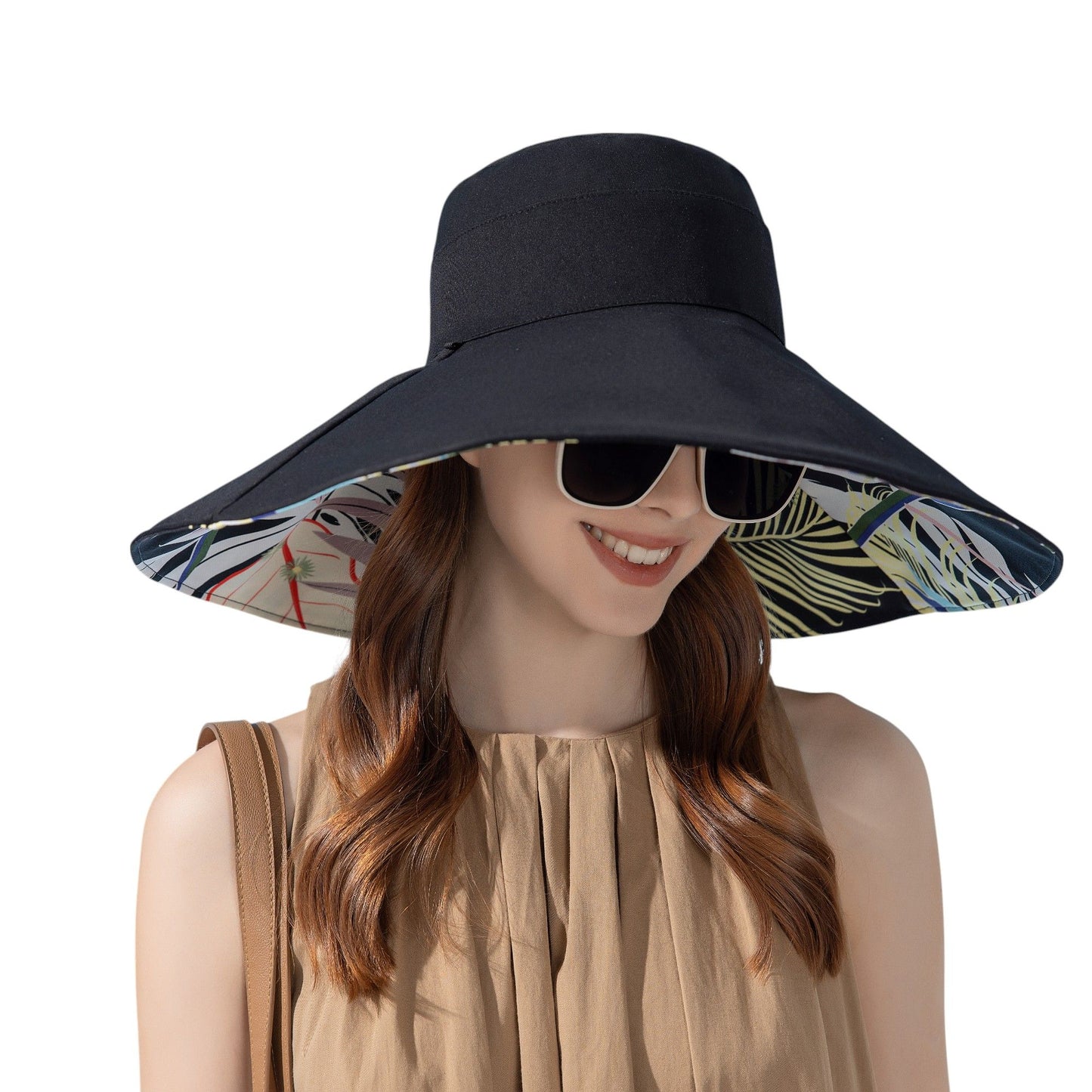 Wide Brim Floppy Sun Hat with Colorful Printed Underside UV Protection Lightweight Foldable Design for Outdoor Use