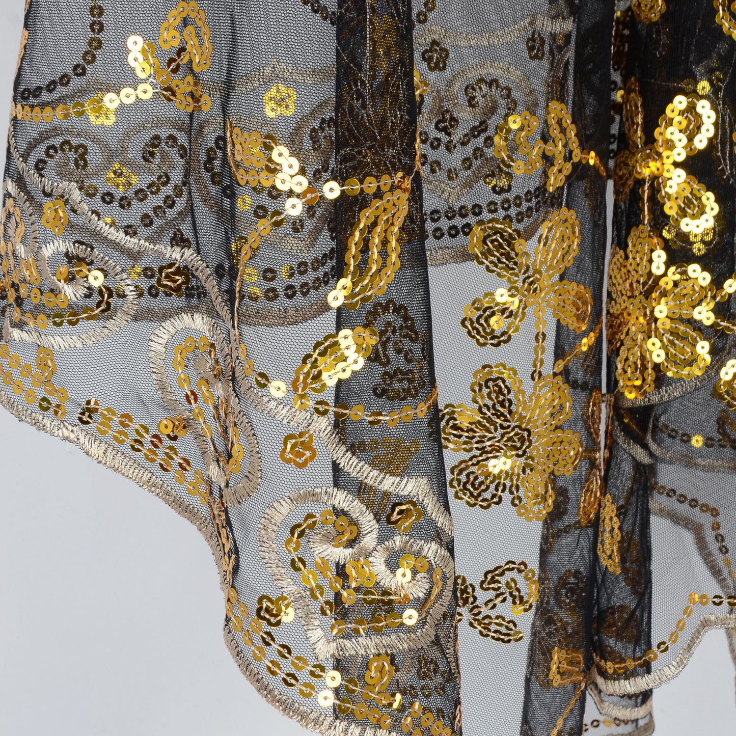 Embroidered Sequin Mesh Shawl Wrap Sheer Floral Scarf Scalloped Edge
