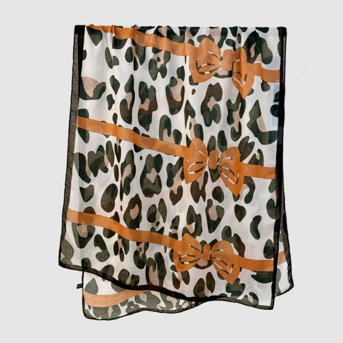 Leopard Print Lightweight Scarf with Bow Accent Stripes and Sheer Draped Fabric for Effortless Everyday Style 33.5x71in