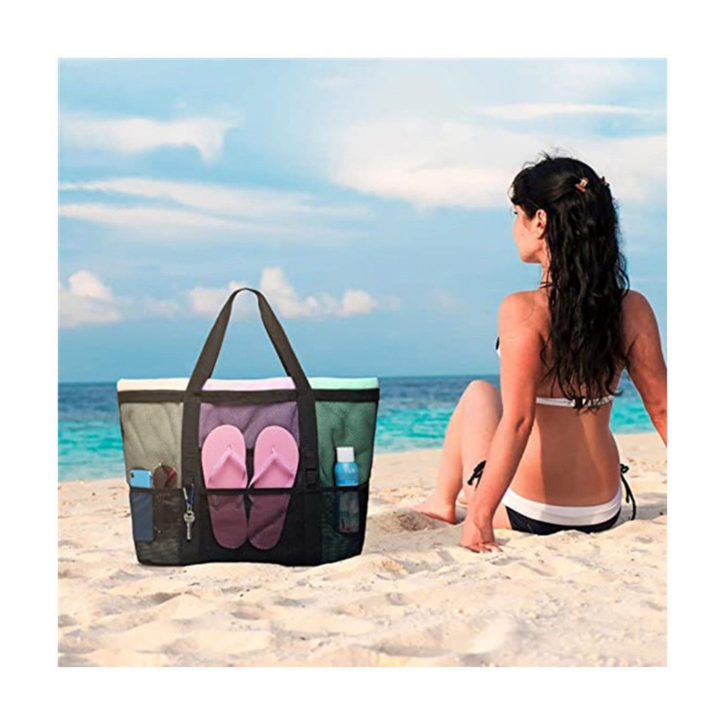 Mesh Beach Tote Bag Large Capacity Travel Shoulder Bag with Exterior Pockets Zipper Top Organizer