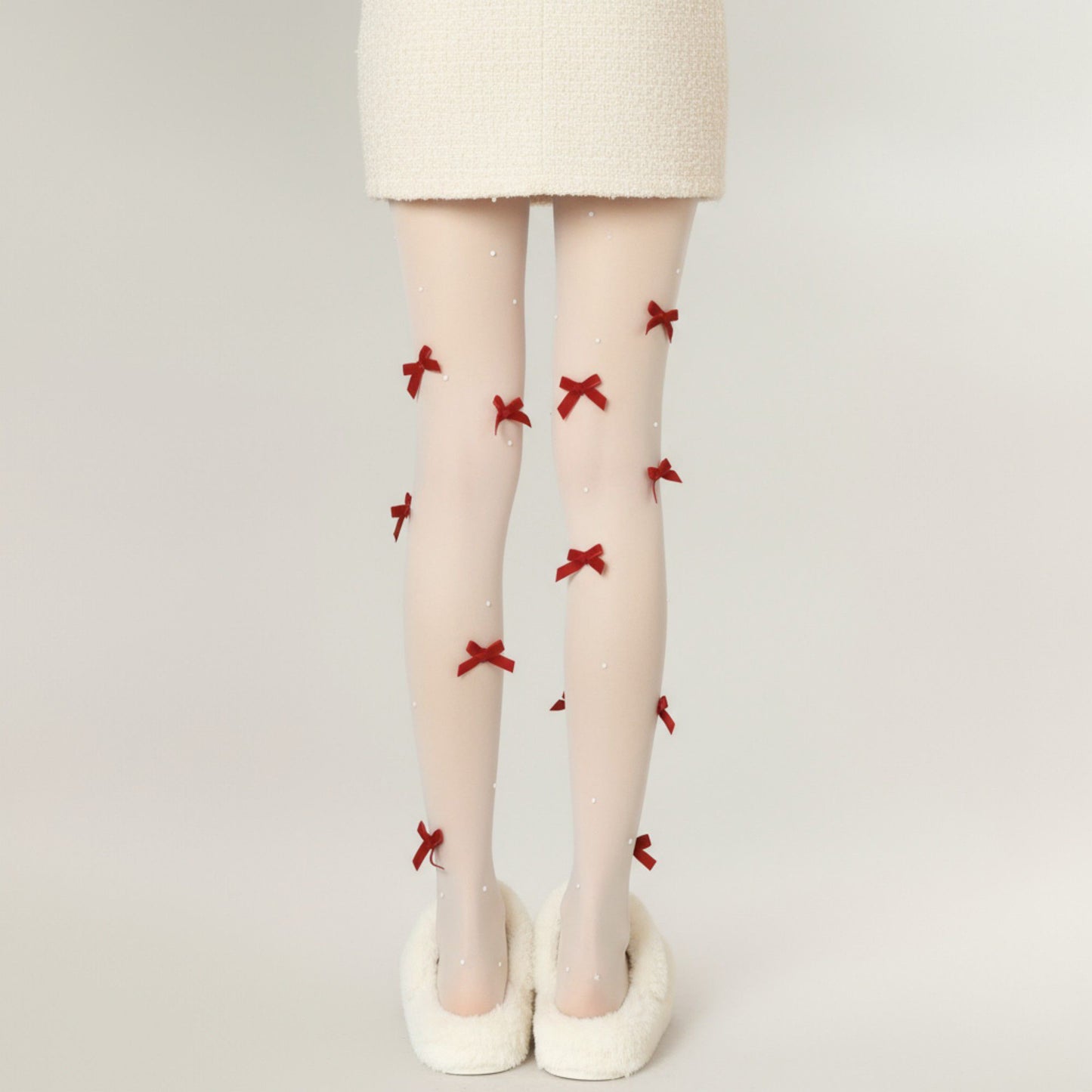 2pcs Women's Sheer Tights with Velvet Bow and Pearl Accent Details