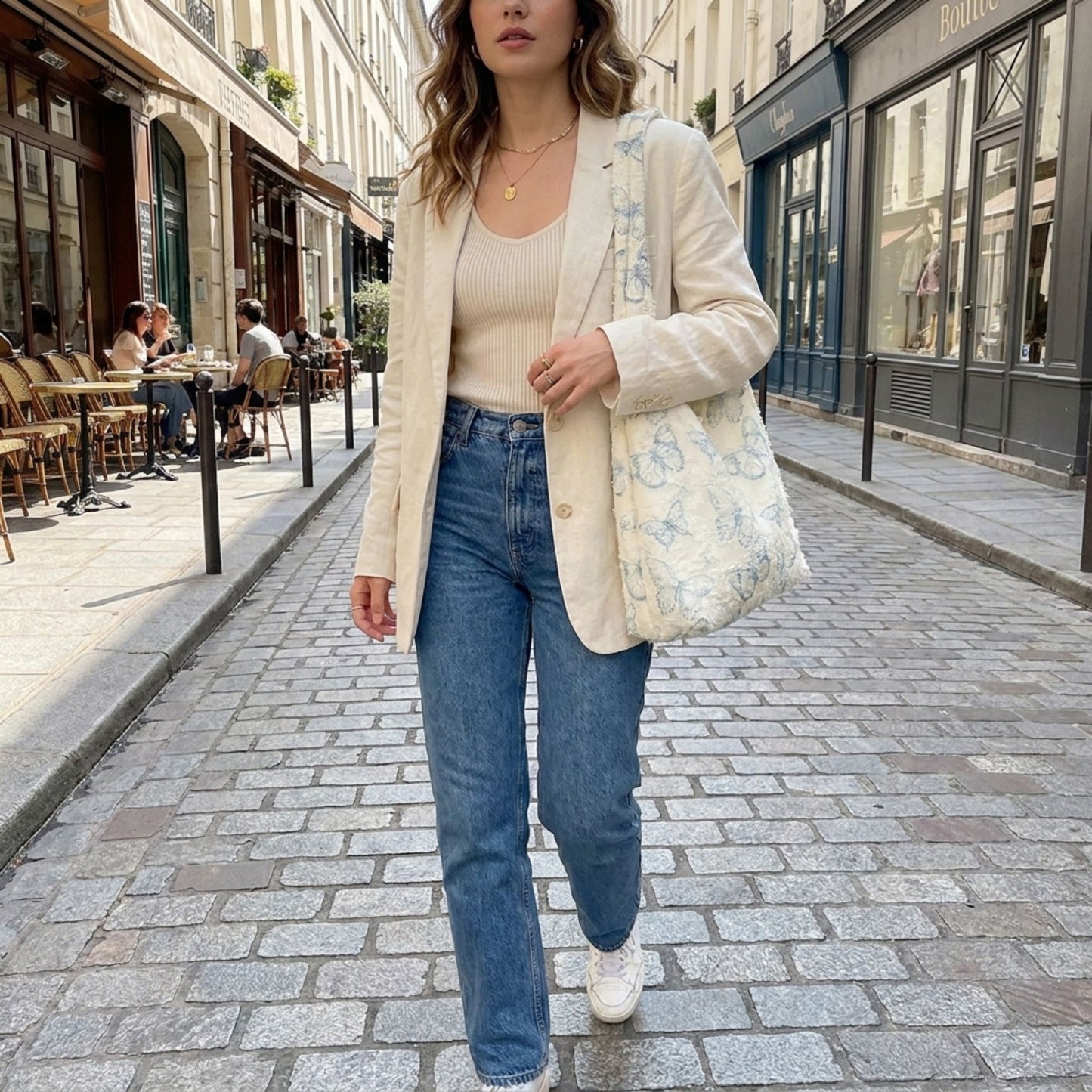 Butterfly Print Hobo Tote Bag with Lace Texture and Shoulder Handle