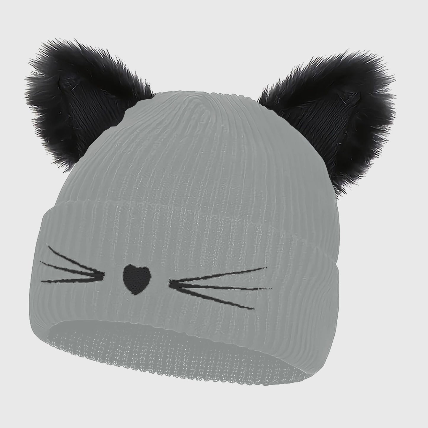Cat Ear Knit Beanie - Faux Fur Ears with Valentine Heart Whisker Embroidery for Cute Casual Winter Wear