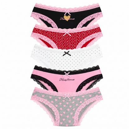 5 Pack Heart Print Lace Trim Bikini Underwear