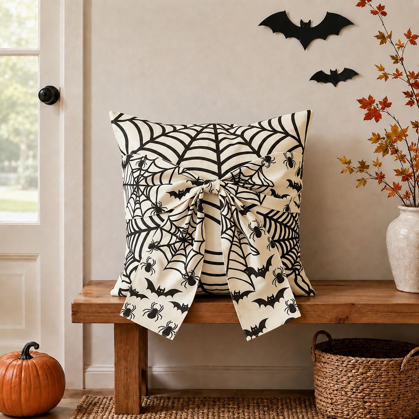 Halloween Throw Pillow Cover with Decorative Bow 18 x 18 Inch