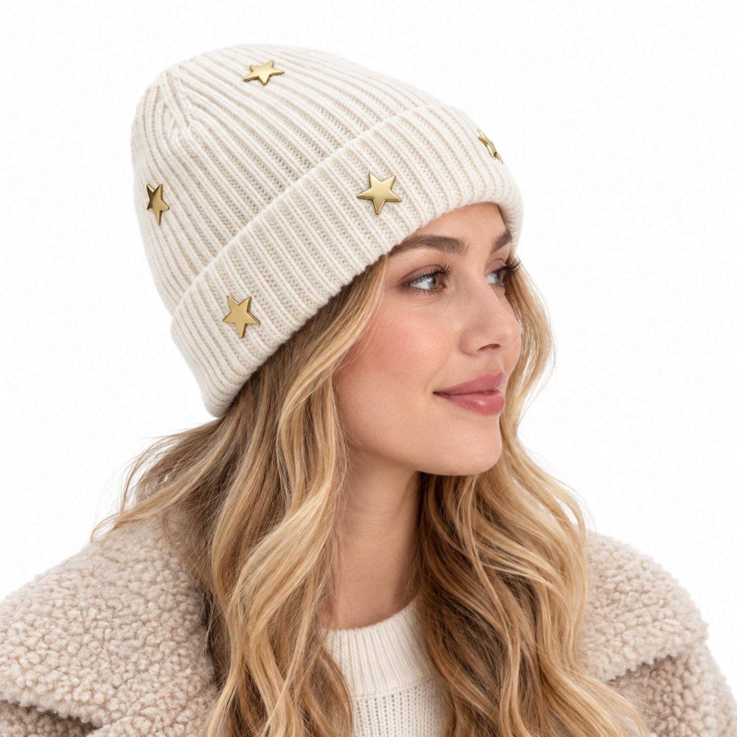 Star Stud Ribbed Knit Beanie Cuffed Winter Hat
