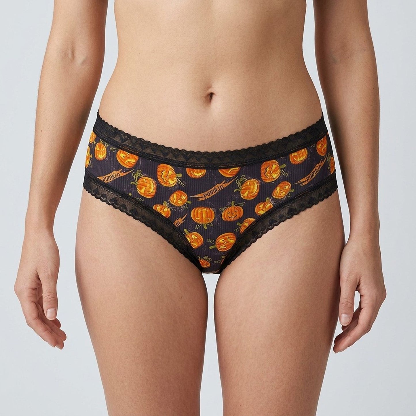 2 Pack Halloween Pumpkin Print Lace Trim Bikini Underwear